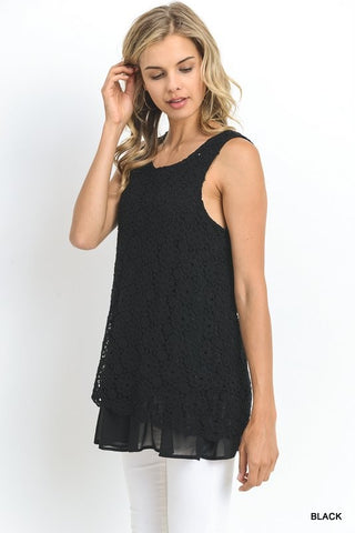Lightweight Crocheted Lace Black Sleeveless Tunic with Ruffled Chiffon Hem