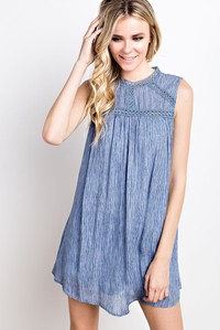 Washed Crinkle Lace Neck Sleeveless Dusty Blue Dress or Tunic Top