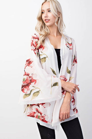 Ivory and Pink Floral Slit Sleeve Kimono