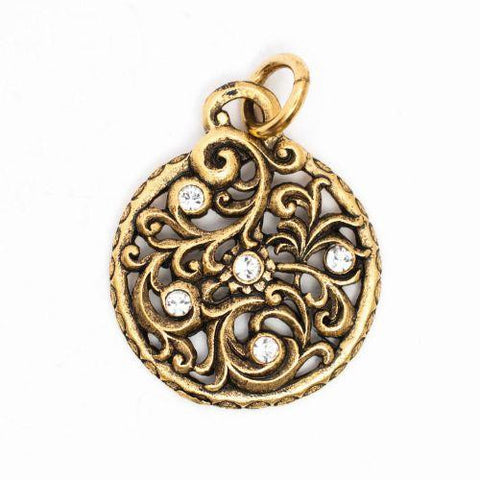 Beaucoup Designs Aimez Timepiece Charm with scrollwork & rhinestones 14 kt gold plated Made in USA