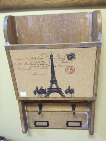 New Paris Eiffel Tower Vintage Style Corkboard Message Center With Cubby & Hooks