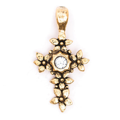 Beaucoup Designs Floral and Rhinestone Cross Charm 14k Gold Plated