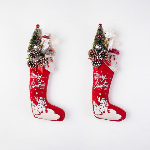 Vintage Style Christmas Stocking, Felt with Reindeer or Snowman and Bottle Brush Tree, 22