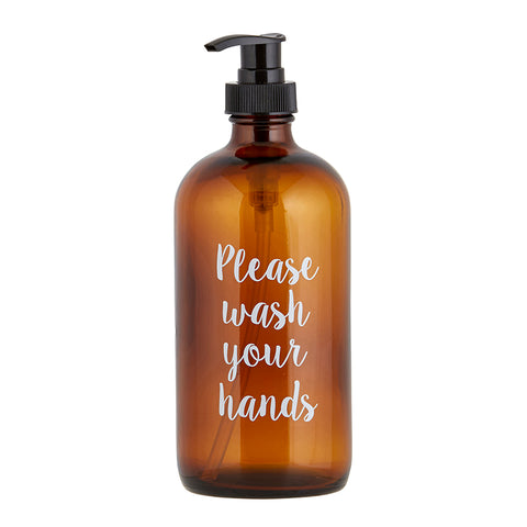 Please Wash Your Hands Amber Glass Soap Dispenser Bottle