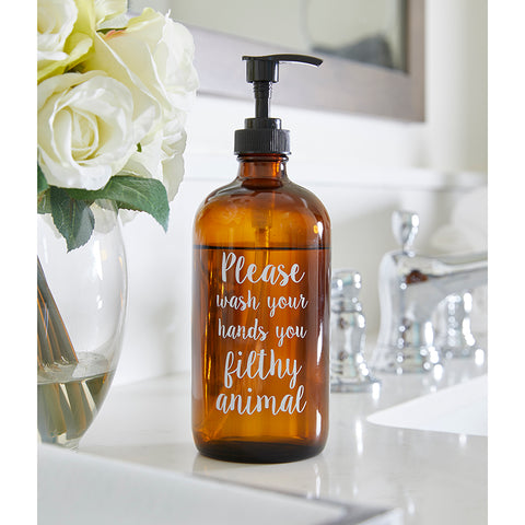 Wash Your Hands You Filthy Animal Amber Glass Soap Dispenser Bottle